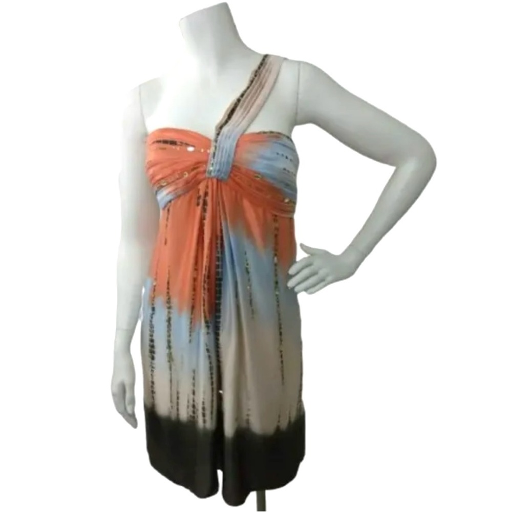 BCBG Maxazria Orange and Brown Ombre Dip One Shoulder Silk Dress Sz 2